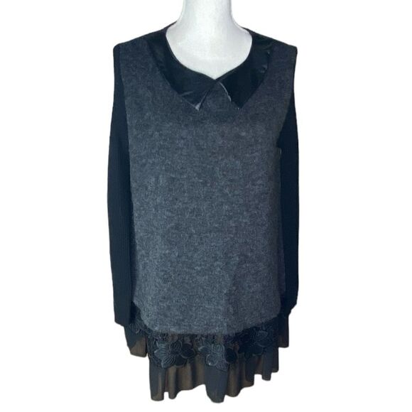 Women’s Sz Med Black Gray Layered Vegan Leather Mesh Multi Fabric Sweater Tunic - Picture 1 of 5